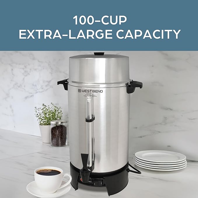 West Bend 33600 Coffee Urn Commercial Highly-Polished Aluminum NSF Approved Features Automatic Temperature Control Large Capacity with Fast Brewing and Easy Clean Up 100-Cup Silver