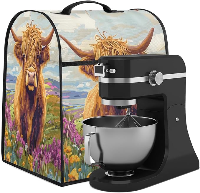Kitchen Aid Mixer Cover Cute Highland Flowers Cow Stand Mixer Cover Compatible with 6-8 Quarts Stand Mixers Dust Covers with Zipper Pocket Foldable Washable Kitchen Aid Organizer Bag