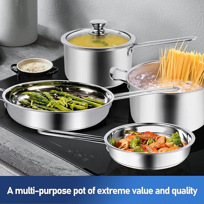 Aufranc 10-Piece Pots and Pans Set Stainless Steel Cookware Set- Includes Ergonomic Handle Saucepans Skillets Dutch Oven Stockpot Steamer &amp More - Premium Pots and Pans for Home Chefs