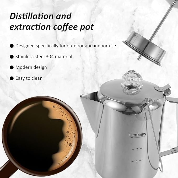 Percolator Coffee Pot with Clear Top Glass KnobCoffee Percolator Stainless Steel Camping Coffee Pot Outdoor Stovetop Coffee Maker for Group Camping Hiking Backpacking Travel 9 Cups