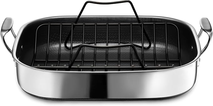 HexClad Hybrid Nonstick Roasting Pan with Rack Dishwasher-Friendly Oven-Safe Up to 900°F Compatible with All Cooktops