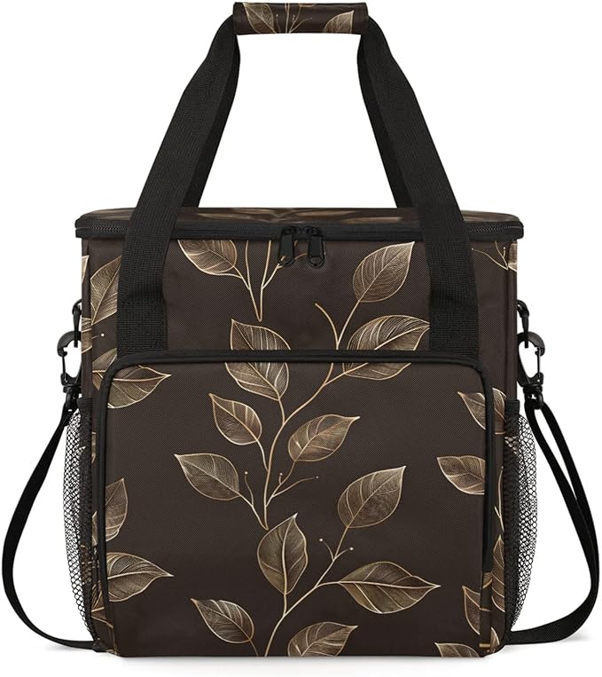 Leaf Plant Theme Coffee Maker Travel Bag for Keurig K-Mini/K-Mini Plus Insulated Waterproof Tote with Pockets for K-Cup Portable Single-Serve Brewer Case