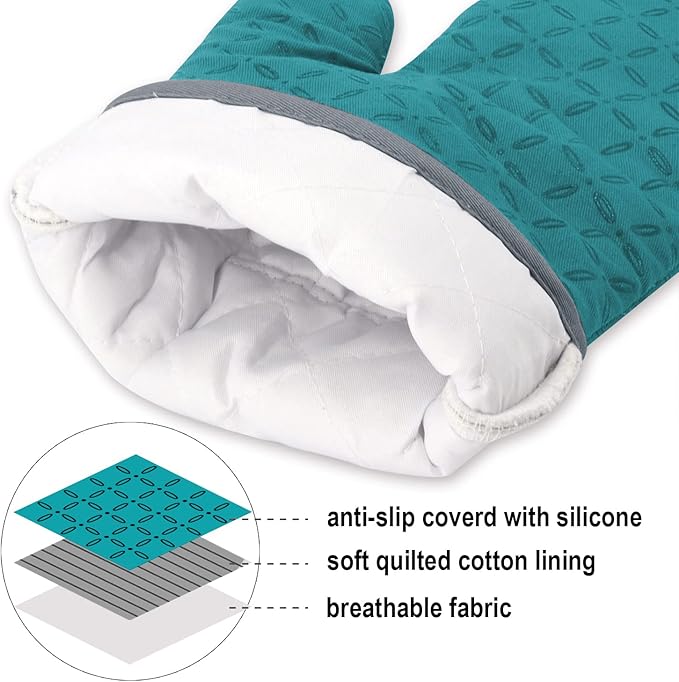 KEGOUU Oven Mitts and Pot Holders 6pcs Set Kitchen Oven Glove High Heat Resistant 500 Degree Extra Long Oven Mitts and Potholder with Non-Slip Silicone Surface for Cooking (Lake Blue)