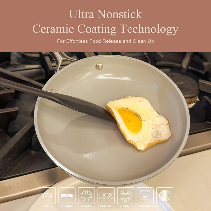 Ceramic Cookware Set Nonstick Ceramic Pots and Pans Non Toxic Frying Pans Sauce Pan Saute Pan with Lid Stay-Cool Handles Dishwasher &amp Oven Safe Compatible with All Cooktops