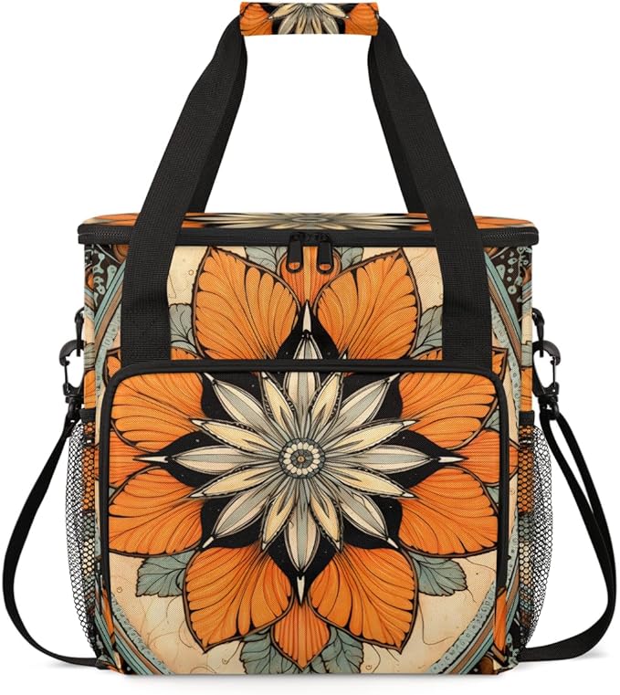 Retro Mandala Coffee Maker Carrying Bag Orange Mandala Travel Storage Bag Compatible with K-Mini or K-Mini Plus Single Serve Coffee Brewer Carrying Case with Multiple Pockets &amp Shoulder Strap