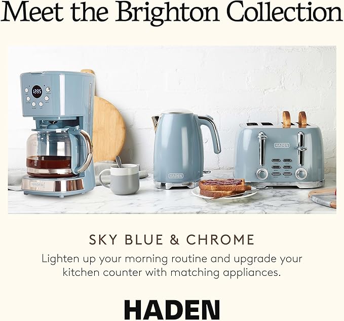 Haden Brighton Coffee Machine 12 Cup Programmable Drip Coffee Maker with Auto Shut-Off Function and Reusable Washable Water Filter Sky Blue &amp Chrome