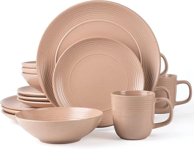 RINGAR Round Stoneware 16pc Dinnerware Set of 4 Dinner Plates Side Plates Cereal Bowls Mugs - Speckle Matte Coral (416867)