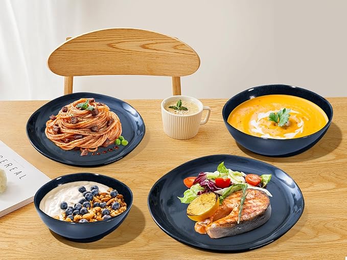 Herogo Stoneware Dinnerware Sets for 6 24 Piece Ceramic Dinner Dishes Set Irregular Handmade Plates and Bowls Dishware Crack and Scratch Resistant Starry Blue