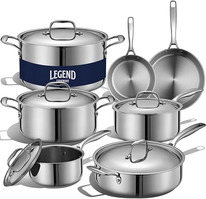 LEGEND COOKWARE 5-Ply Stainless Steel Cookware Set 12-Piece Pots and Pans Set - Induction Compatible Oven Safe 800°F - Non-Toxic No Coatings - Built to Last Generations