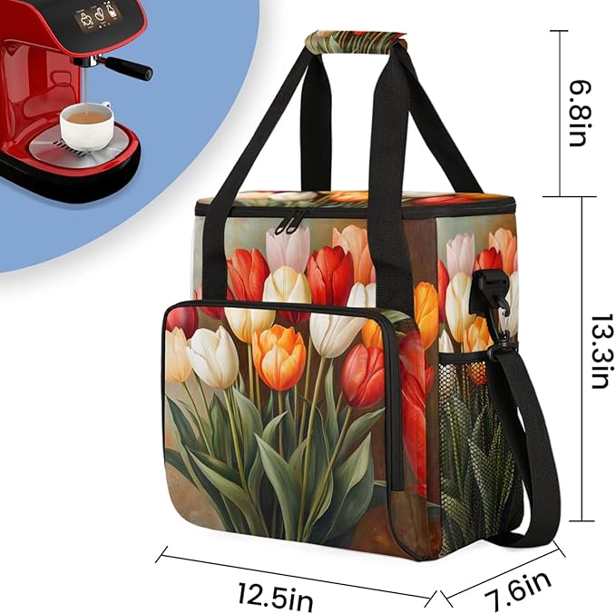 Flower Tulip Bouquet Coffee Maker Travel Bag for Keurig K-Mini/K-Mini Plus Insulated Waterproof Tote with Pockets for K-Cup Portable Single-Serve Brewer Case