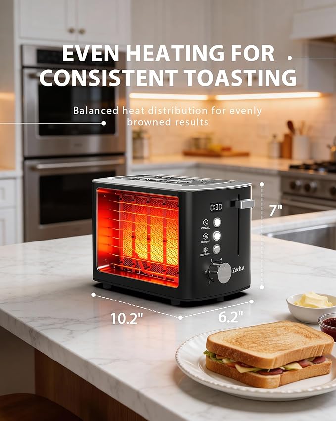 2 Slice Toaster with Wide Slots for Bread &amp Bagels Stainless Steel Toaster with Digital Countdown 6 Shade Settings Defrost Reheat &amp Cancel Compact Design for Kitchen Black
