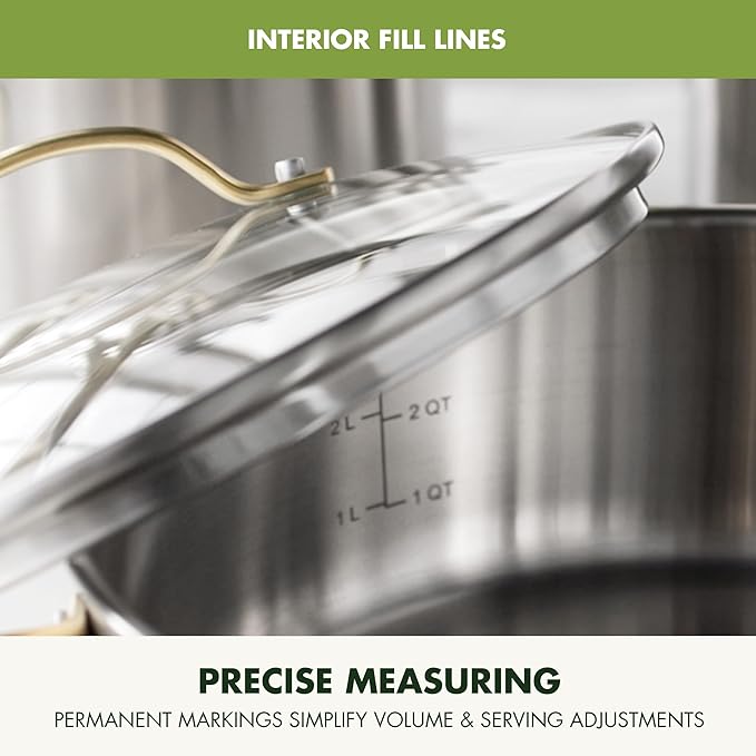 GreenPan Stainless Steel Cookware Set 11 Piece Induction Cookware Dishwasher Safe Oven Safe to 600F Large 8QT Stock Pot Sauce Saute Frying Pans Pots &amp Pans Kitchen Essentials Gold