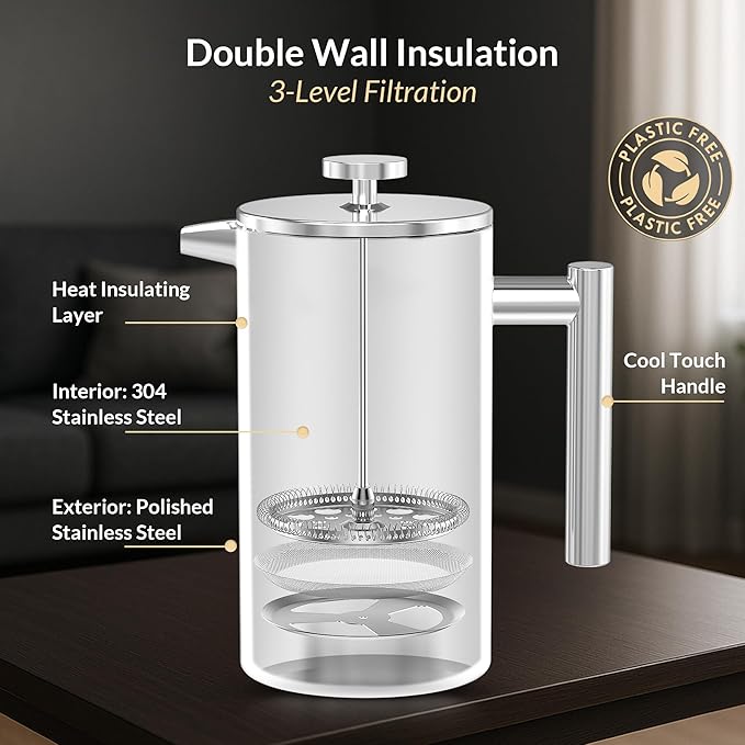 French Press Coffee Maker 304 Stainless Steel 34 Oz Large Double-Walled Insulated French Press 3 Level Filtration System For Kitchen Camping &amp Gifting in Premium Box - Dishwasher Safe