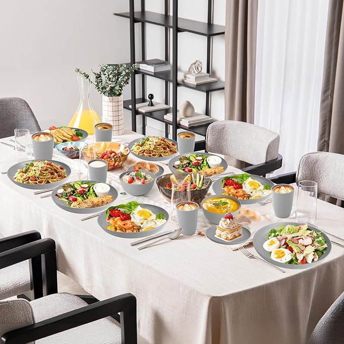 Wheat Straw Dinnerware Set 32 PCS Dinner PlatesDessert Plates Drinking Glasses Wheat Straw Bowls Set Microwave and Dishwasher Safe Dishes Set for 8 for Outdoor Camping Picnic - Grey