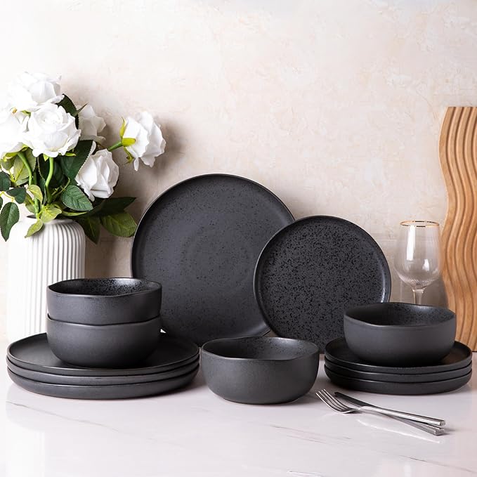 AmorArc Ceramic Dinnerware Sets Wavy Rim Stoneware Plates and Bowls SetsDishwasher &amp Microwave &amp Oven Safe Dishes set Service for 4 (12pc)-Charcoal Matte