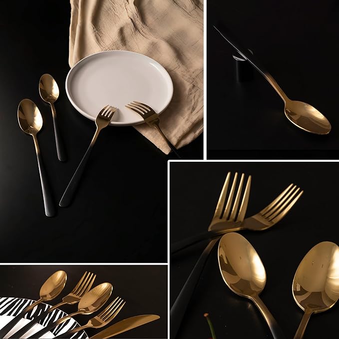 Black Silverware Set for 4 Elegant 20 Piece Flatware Set 18/10 Stainless Steel Nice Weight Mirror Polished Unique Black Gradual Change Gold Cutlery Utensils Sets for Home Kitchen Restaurant