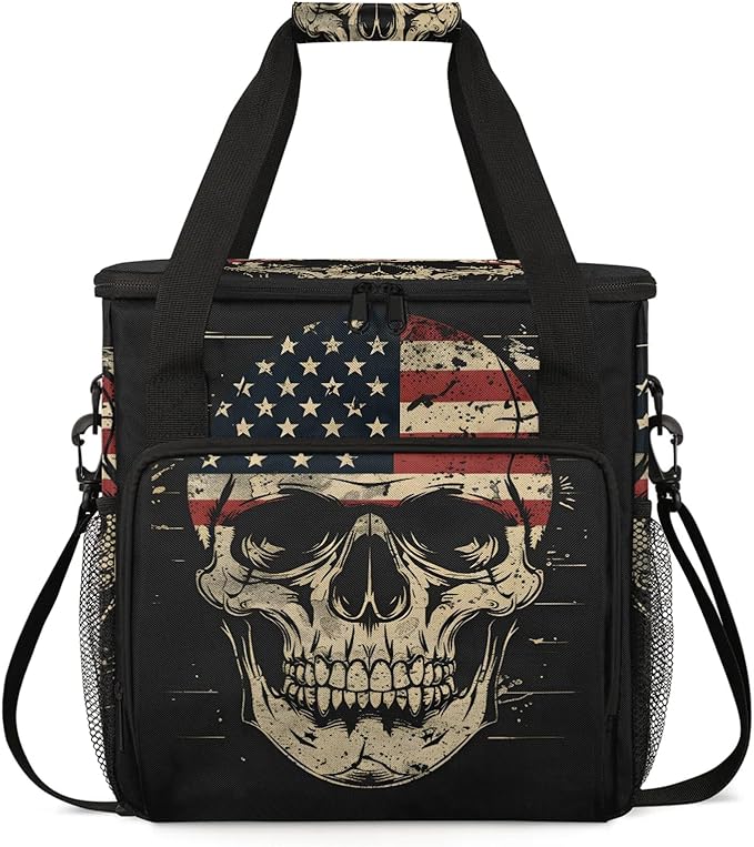 American Flag Skull Travel Coffee Maker Carrying Bag Large Organizer Storage Tote Bag Insulated Reusable Cooler Grocery Bags