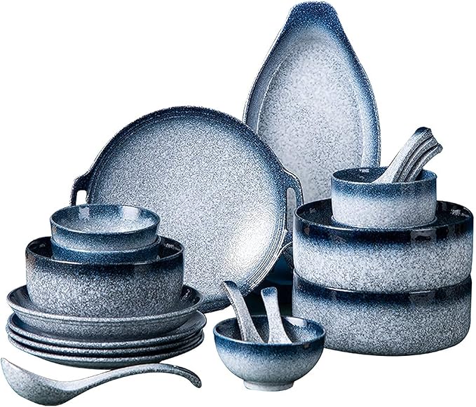 Stylish Dinner PlatesCeramics Dinner Sets 48 Pieces Blue Glaze Cereal Bowl and Steak Plate | Japanese-Style Porcelain Dinnerware Set for Family Gathering