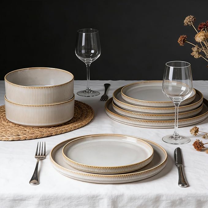 Stoneware Dinnerware Sets for 4 Stoneware Plates and Bowls Set 12-Piece Ribbed Dishes – Chip &amp Scratch Resistant Microwave and Dishwasher Safe Tableware Warm White