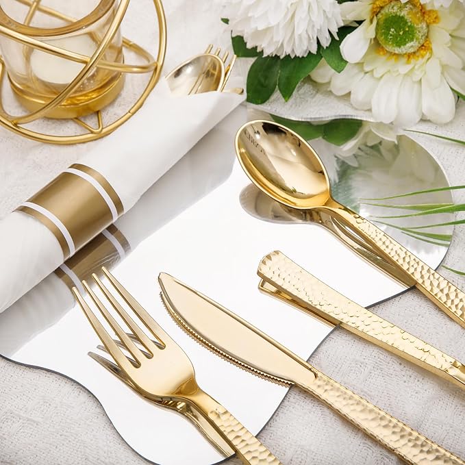 Nervure 400PCS Pre Rolled Gold Plastic Silverware Sets - Heavy Duty Hammered Gold Cutlery Include 100 Pack Wrapped Disposable Utensils with Napkins for Parties Dinners &amp Weddings
