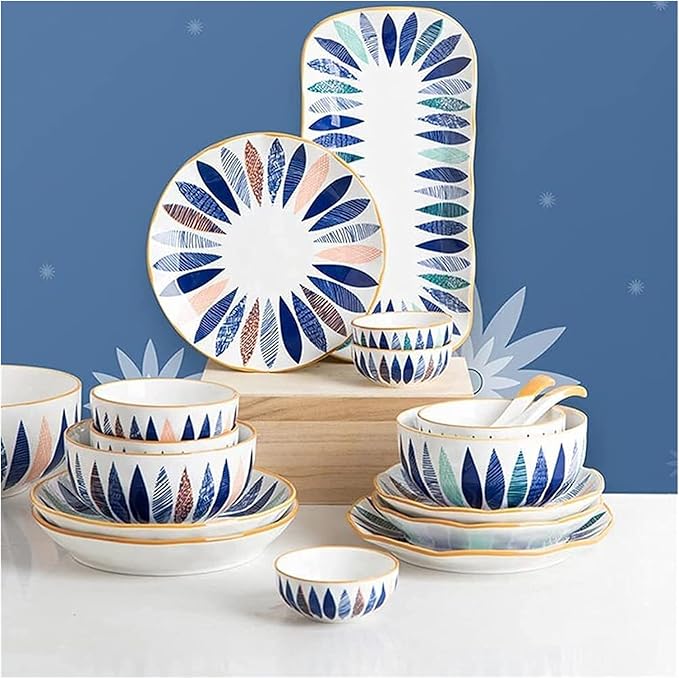 18 Pcs Dinnerware Sets Hand Painted Leaf Pattern Porcelain Tableware Set With Plates And Bowls Ceramic Dinner Set For Home Kitchen