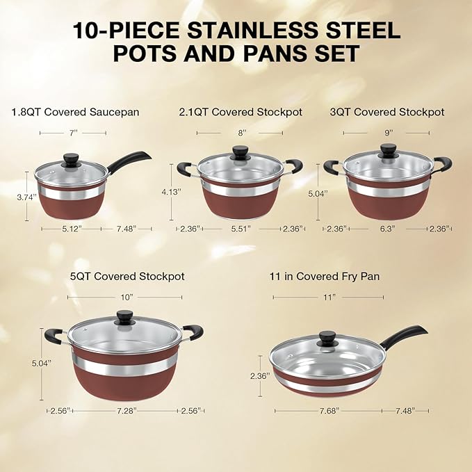 VBGK Pots and Pans Set Stainless Steel Cookware Set 10 PieceNon Toxic Kitchen Induction Cookware SetKitchen Cooking Set with Tempered Glass lid &amp Stay-Cool HandleDishwasher Oven SafeStackable