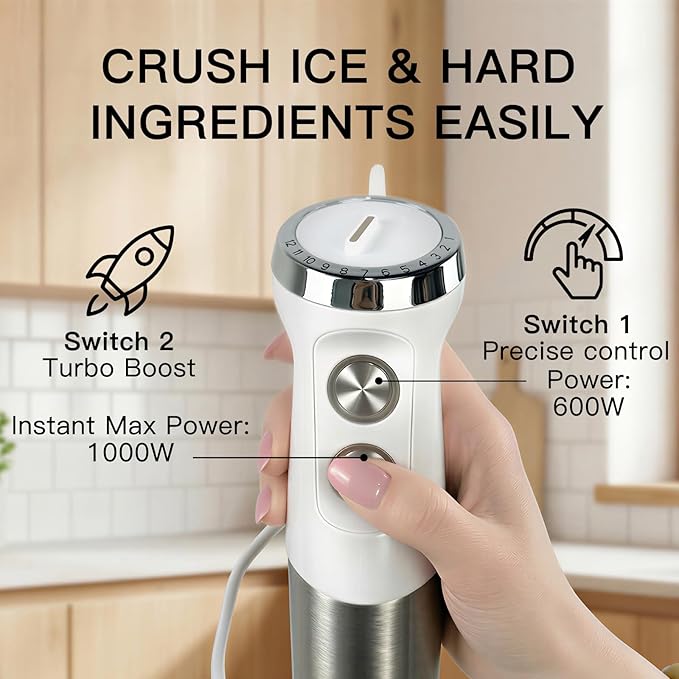 Megawise HB-2043 1000W 5-in-1 Immersion Hand Blender Powerful Stick Blender with Variable Speed &amp Turbo Stainless Steel Blades Includes Whisk Milk Frother Chopper &amp Beaker(White)