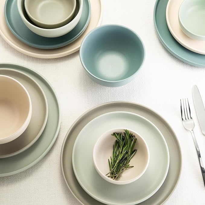 Sango 16-Piece Stoneware Dinnerware Set for 4 Satin Glazed Plates and Bowls Sets with Matte Finish Ceramic Dish Set Durable Kitchen Dishes Microwave &amp Dishwasher Safe Dining Rollo Artist's Bl