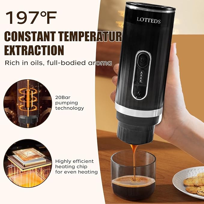 Portable Espresso Machine Car Coffee Maker Self-Heating with Type-C Compatible with Ground Coffee &amp Capsule for Travel RV Hiking Camping Office