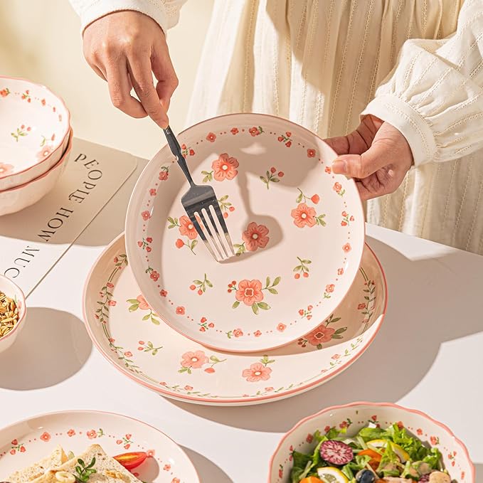24 Pieces Gourmet Porcelain Dinnerware Sets Premium Plates and Bowls Set High-Fired Ceramic Dishes Set for 6 Microwave Dishwasher Safe Pink Peach Blossom Pattern.