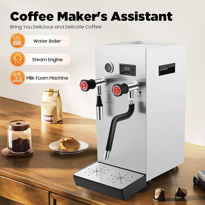 Commercial Steam Milk Foam Machine 8L Full-Automatic Boiling Water Frothing Machine Stainless Steel Coffee Machine with 360° Steam Wand &amp LED Display for Coffee Shops Home