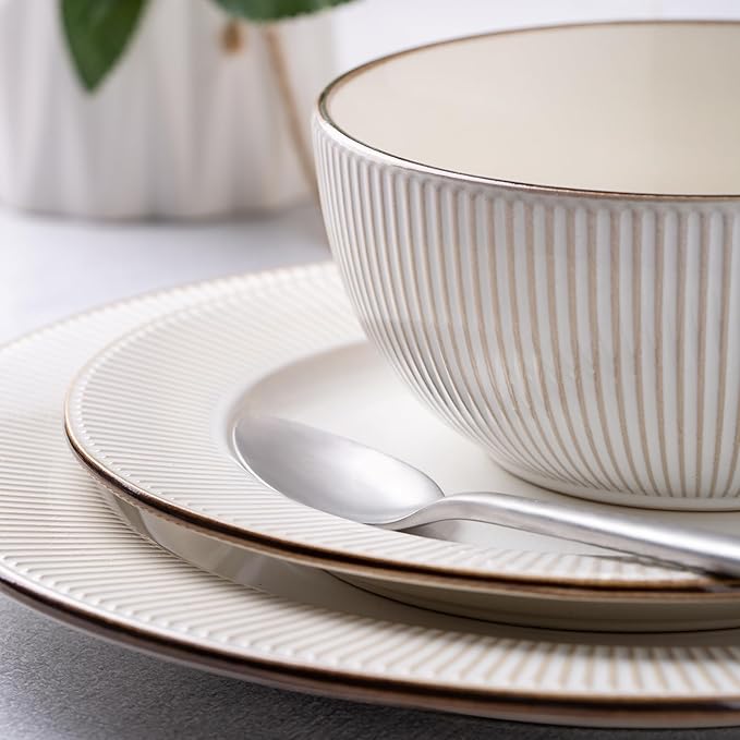 GBHOME Dinnerware Sets and Coffee Mugs Embossed Elegant Stoneware Plates and Bowls Sets Housewarming Wedding Gift | Dishwasher &amp Microwave Safe | Dishes Set Service for 6