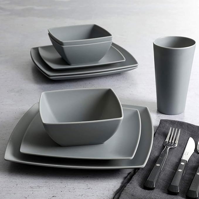Gibson 99897.16R Home Soho Grayson Square Melamine Everyday 16 Pc Reactive Glaze Dinnerware Set Plates Bowls &amp Cups Dishwasher Safe Grey (4 Pack)