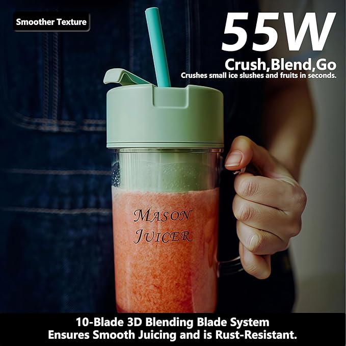 Personal Portable Blender for Fruits USB Rechargeable Smoothie Maker with Stainless Steel Blades Compact Shake Blender for Travel Gym Home (Green)
