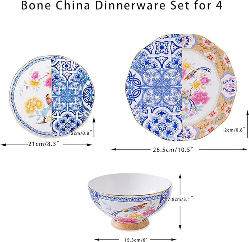 12-Piece Bone China Dinnerware Set for 4 Vintage Floral Plates and Bowls Set with Gold Trim Fine Porcelain Dish Set for Everyday &amp Formal Use Dishwasher Safe