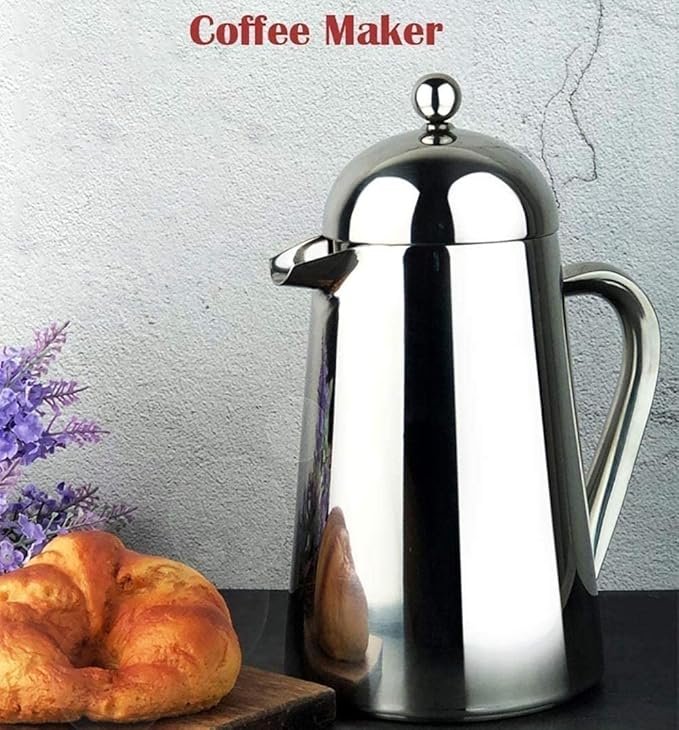 French Press Coffee Maker 304 Grade Stainless Steel Insulated Coffee Press with 2 Extra Screens 34oz (1 Litre) Silver