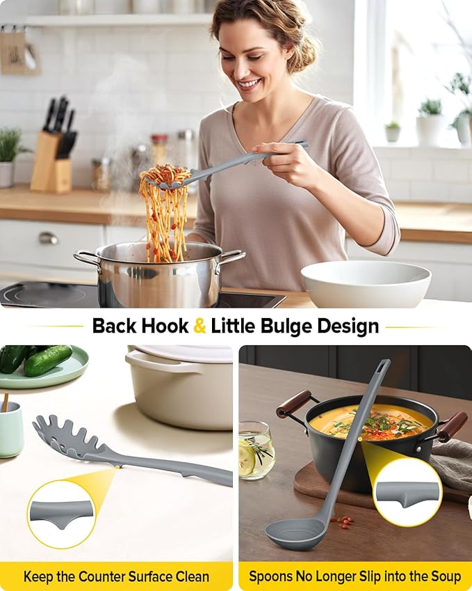 Silicone Cooking Utensils Set 9 Pcs Heat Resistant Kitchen Utensils with Back Hooks BPA Free Kitchen Tools with Spatulas Spoons Skimmer and Pasta Fork for Non Stick Cookware (GRAY)