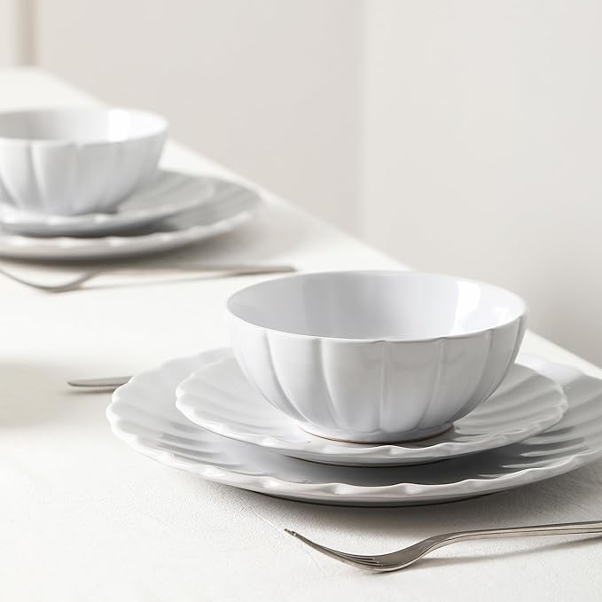Earth &amp Clay Phoenix 12-Piece Stoneware Dinnerware Set Plates and Bowls Set Dishwasher and Microwave Safe Dish Set for 4 White