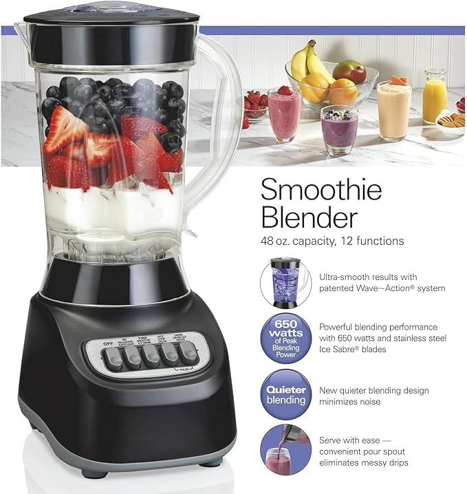 Beach Smoothie Blender with 650W Peak Power Wave Action System 12 Functions 48 oz BPA-Free Jar and Ice Sabre Blades Black (Black)