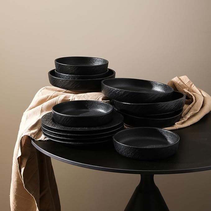 Stone Lain Senso 12-Piece Dinnerware Set New Bone China Plates and Bowls Sets Dish set for 4 Dinner and Salad Plates Black