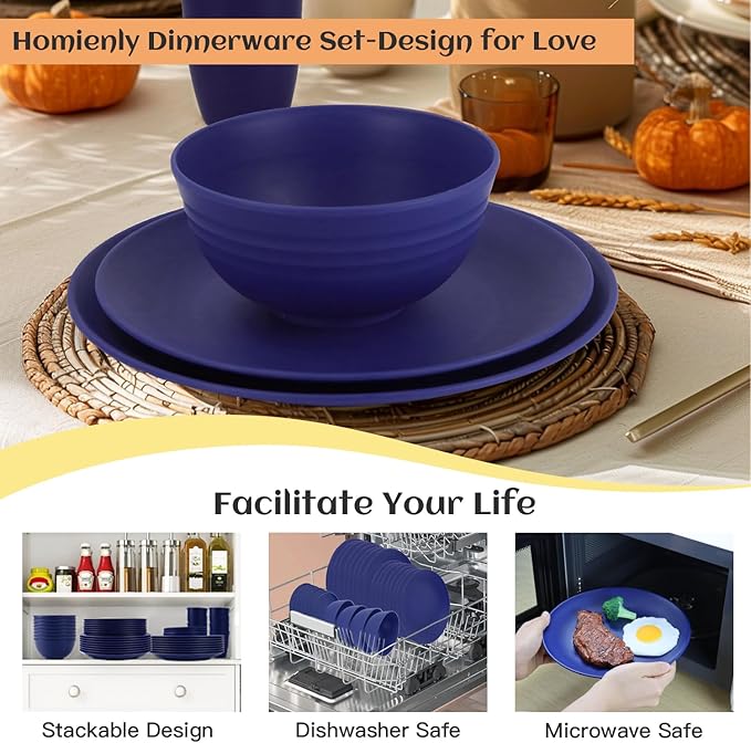 Homienly 40 Pcs Wheat Straw Dinnerware Sets Dinner Plates Cups Pasta Bowls Dishes Set For 8 Microwave Safe Plates and Bowls Sets Blue