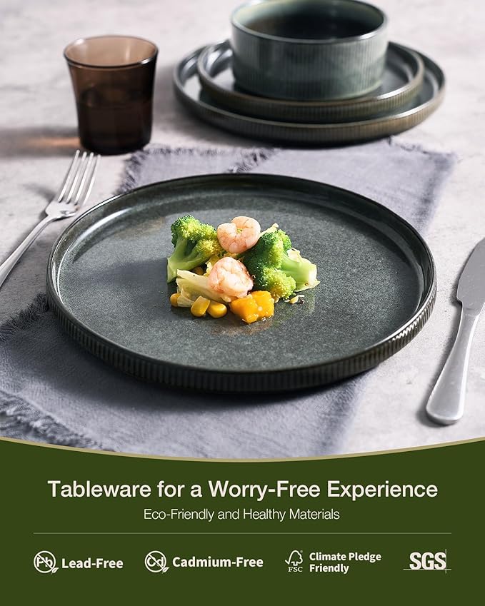 Famiware Star Dinnerware Set Plates and Bowls Sets for 4 (12pcs) Ribbed Stoneware Dishes - Chip &amp Scratch Resistant Microwave &amp Dishwasher Safe Deep Forest