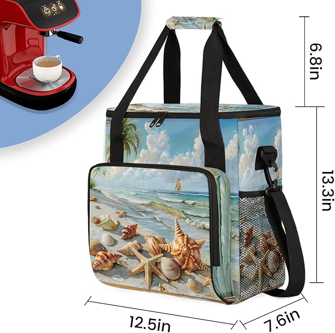 Ocean Beach Starfish Seashell Travel Coffee Maker Carrying Bag Large Organizer Storage Tote Bag Insulated Reusable Cooler Grocery Bags