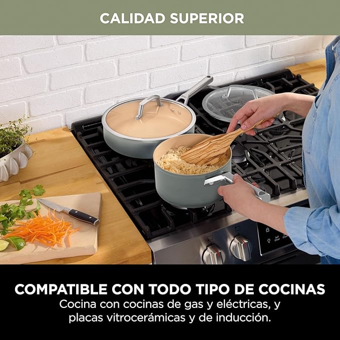 Ninja Extended Life 5-Piece Ceramic Cookware Set (20 &amp 24cm Frying Pans + 16 18 &amp 20cm Saucepans &amp Lids) Non-Stick (No PFAs PFOAs Lead or Cadmium) Oven Safe 285°C Terracotta/Grey CW
