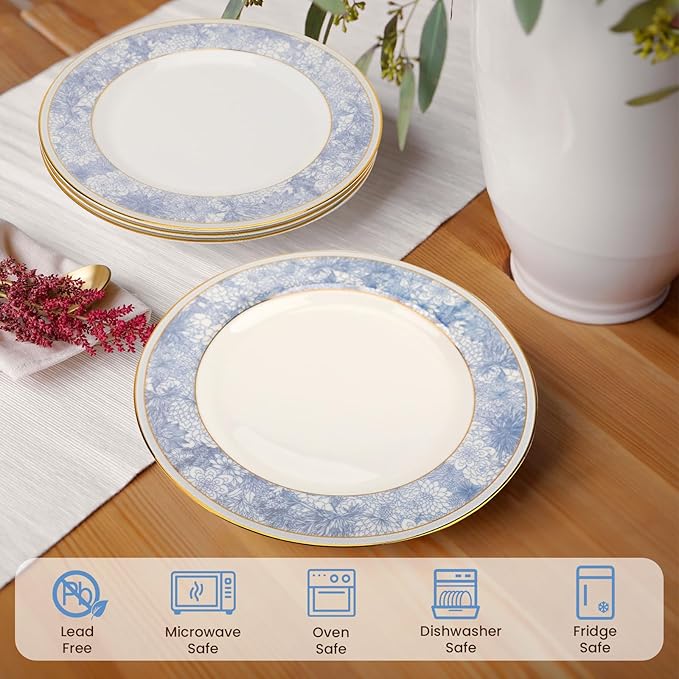 Fine Bone China Dinner Plates Sets4 Pcs 10.5 inch Electrooptic Pattern Plate Gilt Edged High Grade Dinnerware Sets For 4 People Suitable for Dining Party or GiftComes with Gift Box