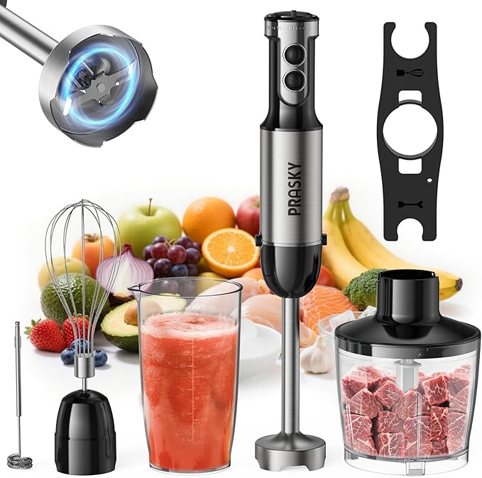 Immersion Blender Handheld Hand Blenders 20 Speed &amp Turbo Mode Hand Held Blender Heaviest Duty Copper Motor Stainless Steel Blades Milk Frother Wand Whisk 600ml Beaker 500ml Chopper (Silver
