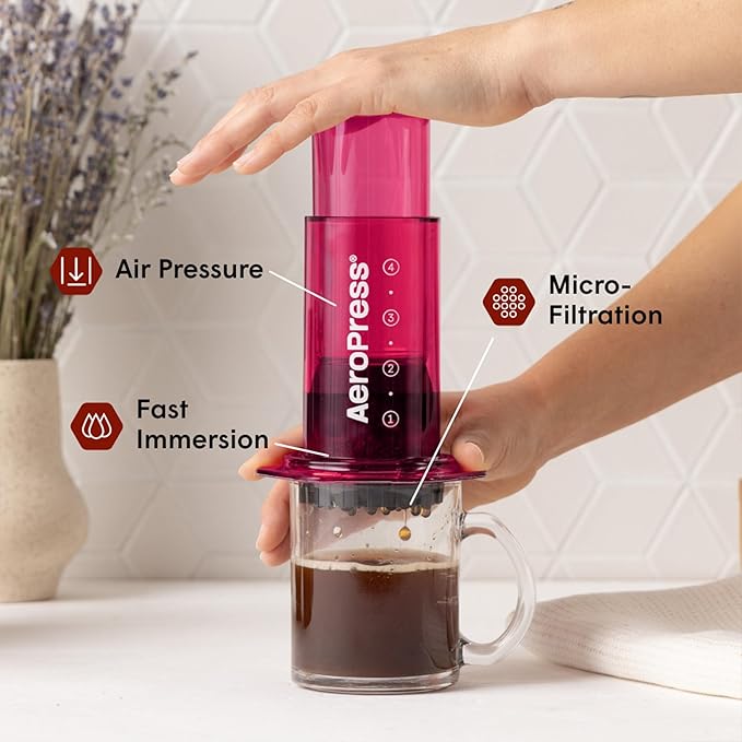 AeroPress Clear Pink Coffee Press - All-in-One French Press Pour-Over &amp Espresso Style Manual Brewer 2 Min Brew for Less Bitterness More Flavor Small Portable Coffee Maker Travel &amp Campin