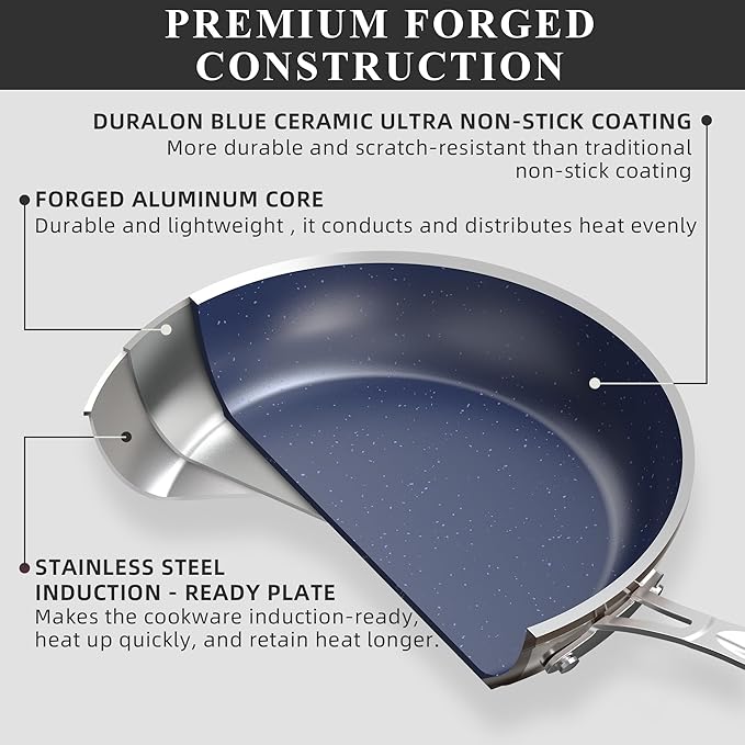 Nuwave Healthy Duralon Blue Ceramic Nonstick Cookware Set Diamond Infused Scratch-Resistant PFAS Free Dishwasher &amp Oven Safe Induction Ready &amp Evenly Heats Tempered Glass Lids &amp Stay-