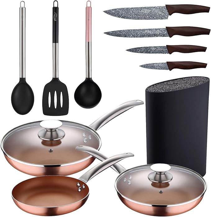 Set of 5 frying pans (with lid) aluminium pressed induction with set of 3 nylon cookware with set of 4 stainless steel knives with tacoma/bl