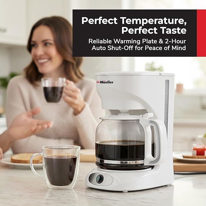 MUELLER HOME 12-Cup White Coffee Maker - Borosilicate Carafe Auto-Off Reusable Filter Anti-Drip Keep-Warm Function Clear Water Level Window White Kitchen Accessories